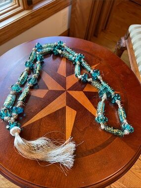 Handcrafted Teal Beaded Tassel Necklace/rosary